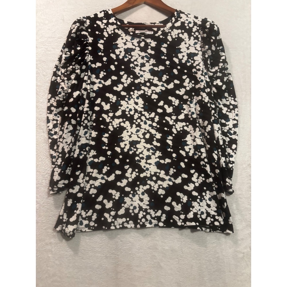 Chicos Touch of Cool Dot Romance Tee Top Black White 3/4 Puff Sleeve Size 3 XL